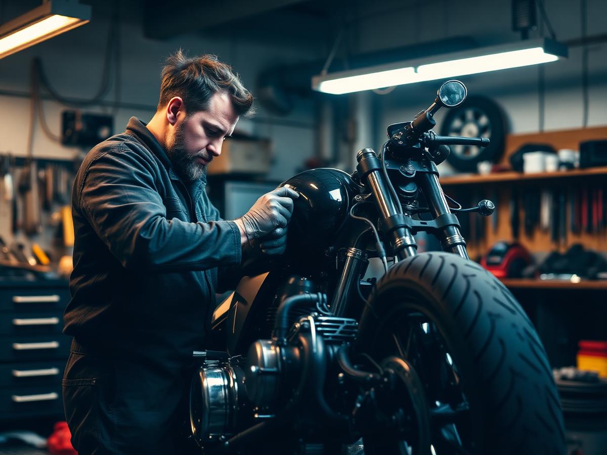 Mécanicien entretenant une moto dans l'atelier Alpes Moto & Scoot