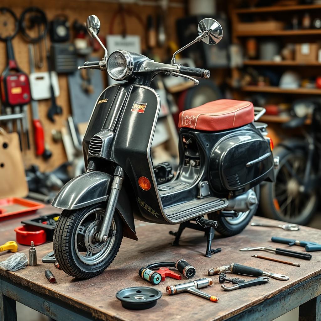 Scooter MBK restauré pièce par pièce sur l'établi de l'atelier