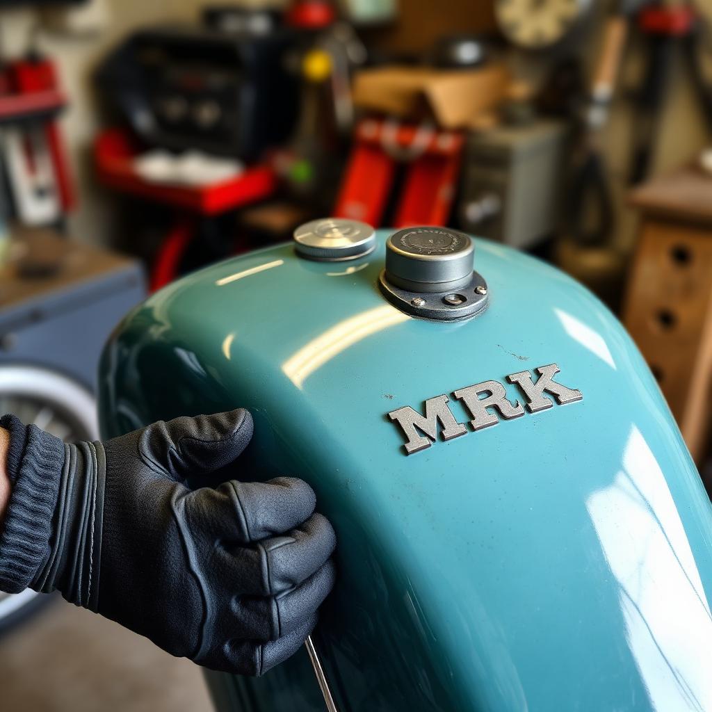 Réservoir de scooter MBK fraîchement repeint en atelier