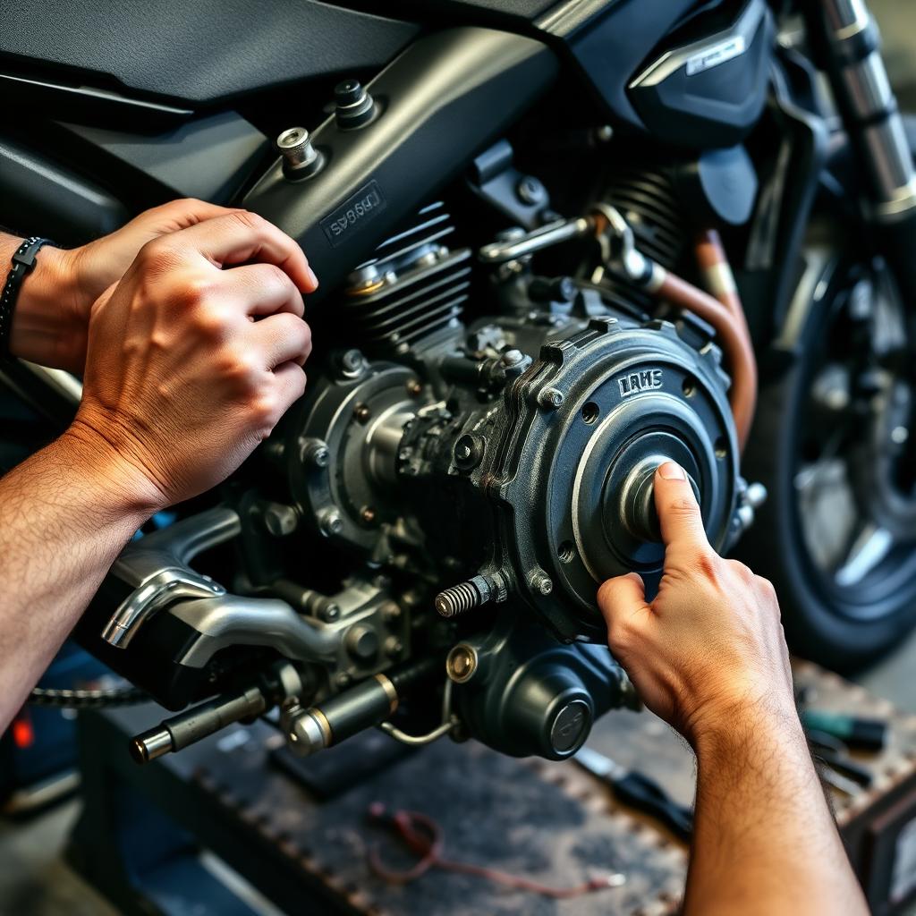 Moteur de moto en cours de remontage sur établi