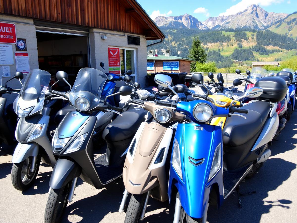 Scooters et motos d'occasion devant l'atelier, montagnes de Savoie en arrière-plan